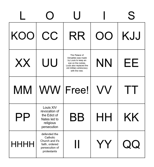 Louis XIV Absolute Bingo Card