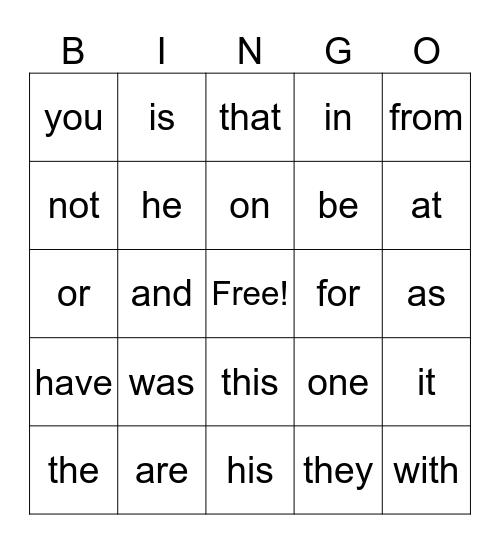 Sight Word Bingo Card