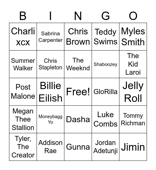 Today's Top 40 Hits Bingo Card