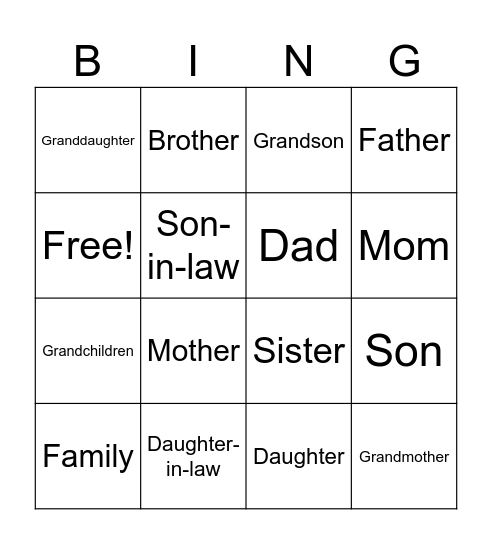 Family Members Bingo Card