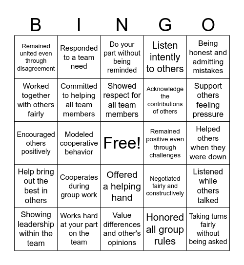 Teamwork Bingo Card