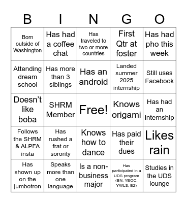 SHRM X ALPFA Get To Know You BINGO Card