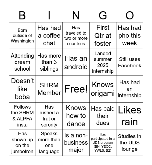 SHRM X ALPFA Get To Know You BINGO Card