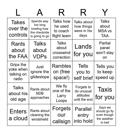 Larry Instrument Checkride Bingo Card