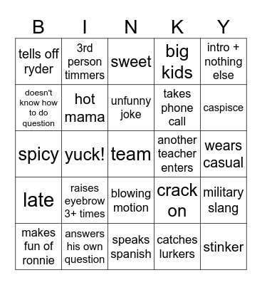 timmers binky Bingo Card