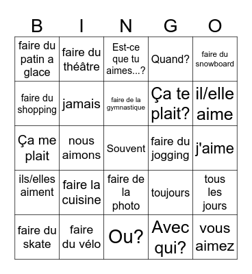 Les Activités ave FAIRE Bingo Card