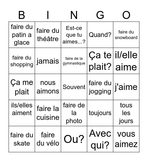 Les Activités ave FAIRE Bingo Card