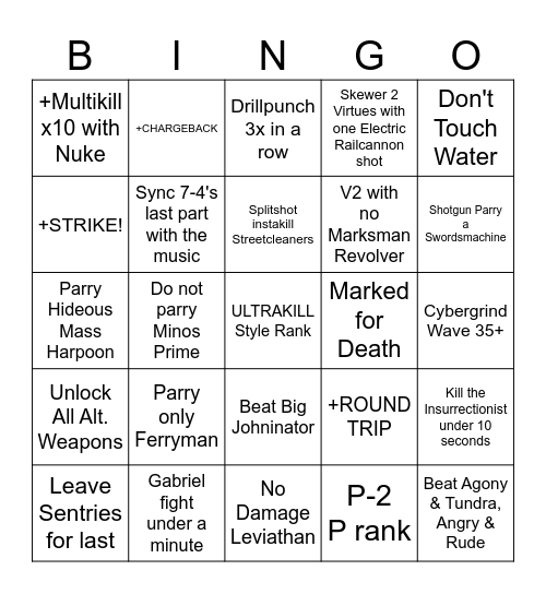 Ultrakill Skill Issue Bingo Card