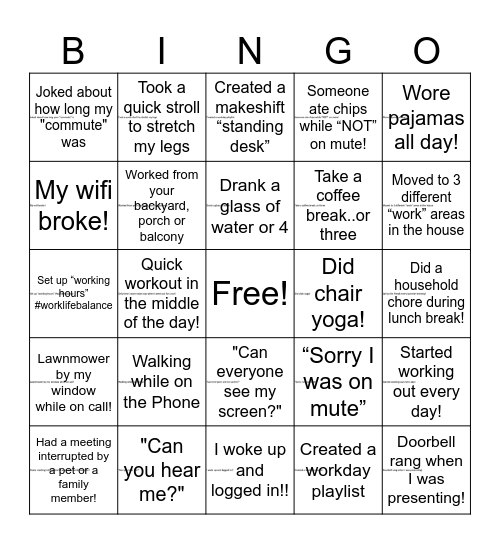 Remote Work Bingo Card