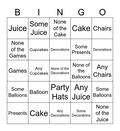 Birthday Party Bingo Card Bingo Card