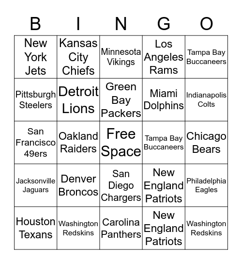 NFL BINGO Card