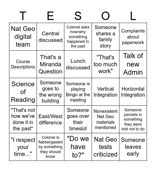 Colonel Bingo Card