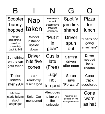 Driveday Bingo Card