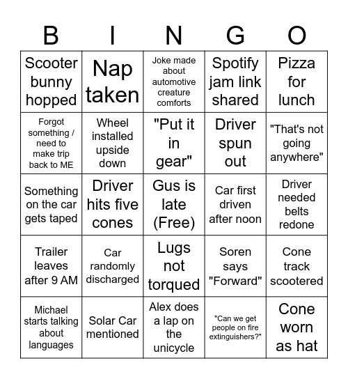 Driveday Bingo Card