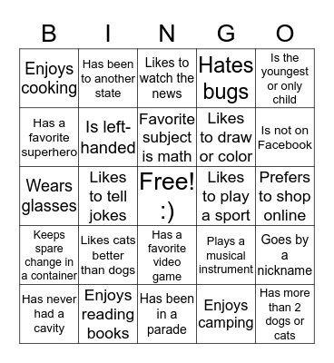 My Place BINGO Card