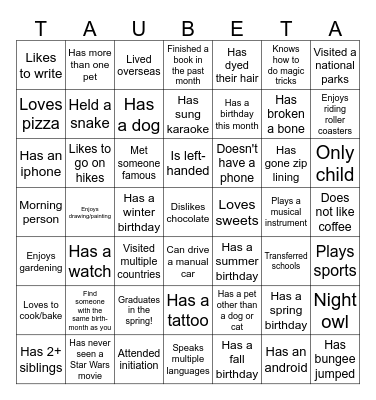 Tau Beta Pi - District 15 Social Bingo Card