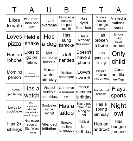 Tau Beta Pi - District 15 Social Bingo Card