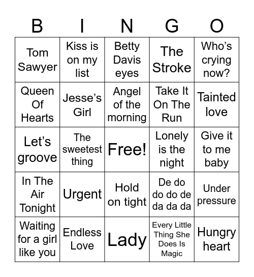 Top 1981 Songs Bingo Card