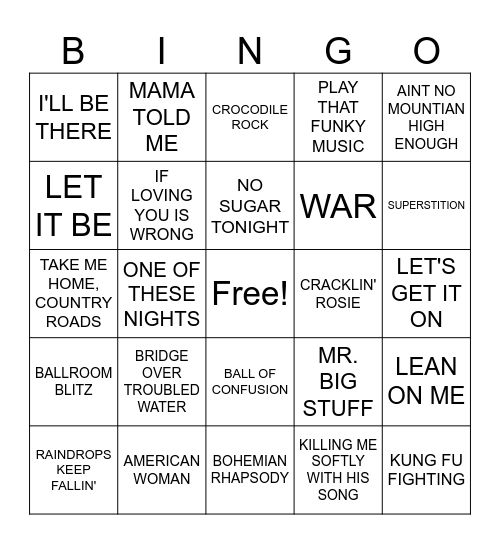 1970s HITS Bingo Card