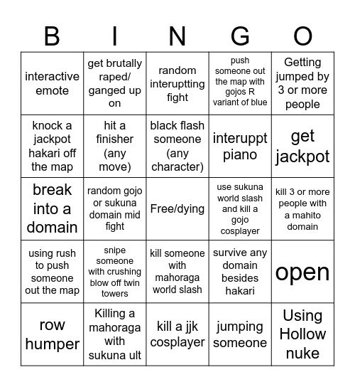 Jujutsu Shenanigans Bingo Card