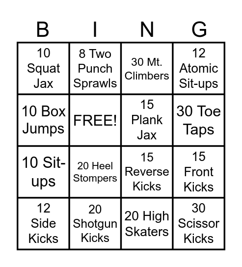 Boxing Bingo Card