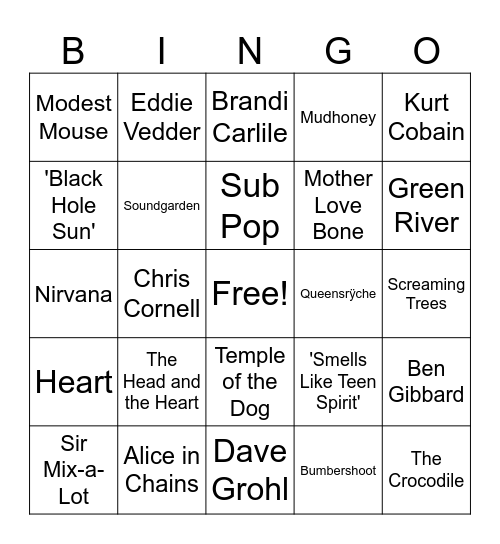 Seattle Sound Bingo Card