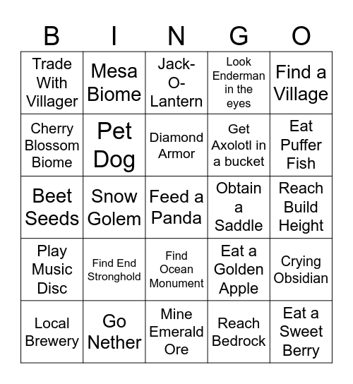 Minecraft Bingo Card