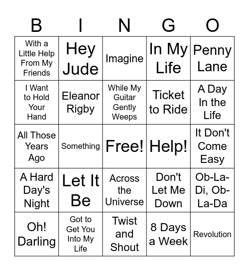 Beatles Bingo Card