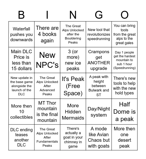 The Great Alps Bingo Card