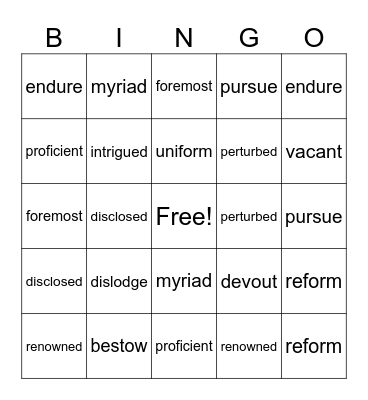 Vocabulary Bingo Card