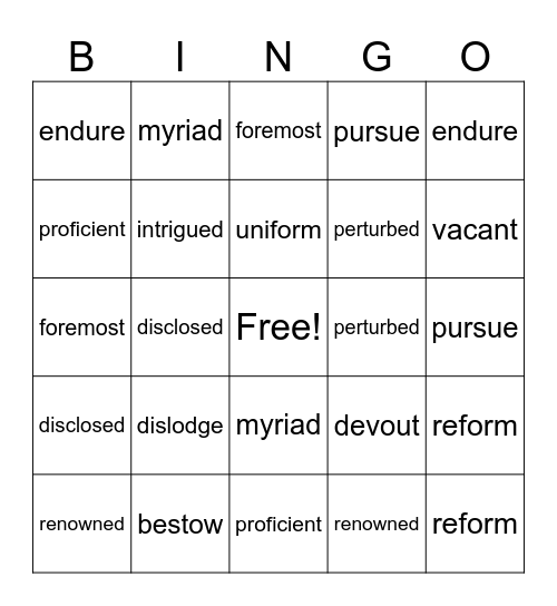 Vocabulary Bingo Card
