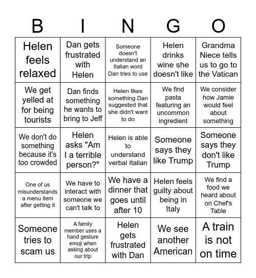 Honeymoon Bingo Card