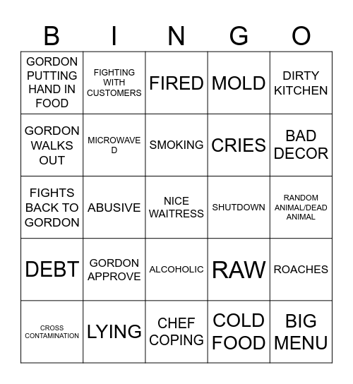 KITCHEN NIGHTMARES Bingo Card