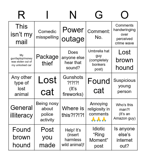 Neighbors Post Ring-O Bingo Card