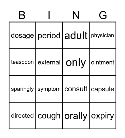 Medicine Bingo Card