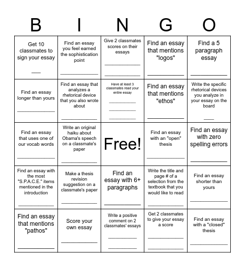 Rhetorical Analysis #3 Bingo Card