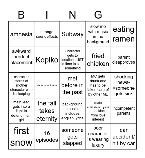 kdrama Bingo Card