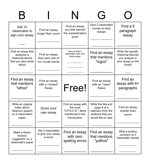 Rhetorical Analysis #3 Bingo Card