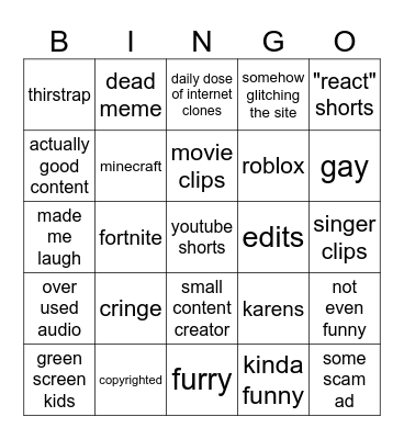 youtube shorts Bingo Card