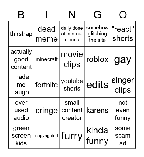 youtube shorts Bingo Card