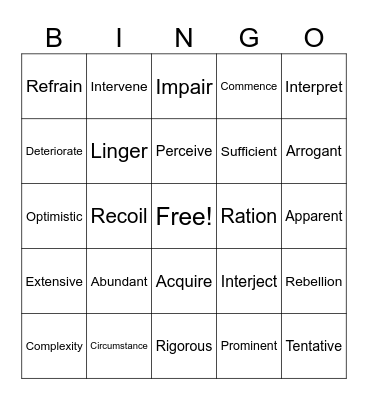 Vocabulary Bingo Card