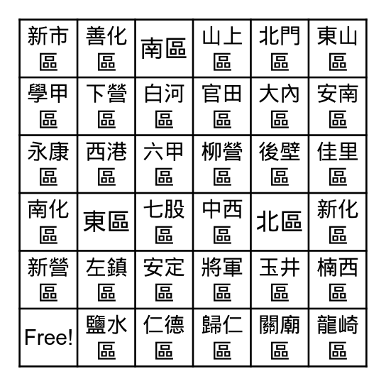 臺南市「區」賓果 Bingo Card