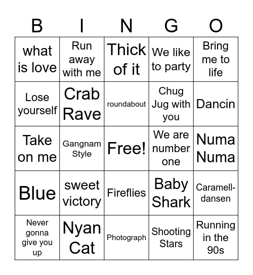 Meme Song Bingo Card