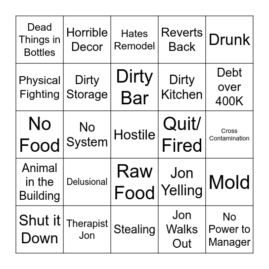 Bar Rescue Bingo Card