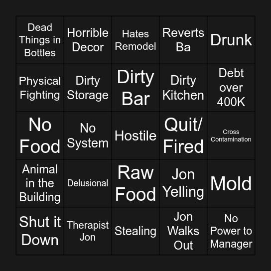 Bar Rescue Bingo Card