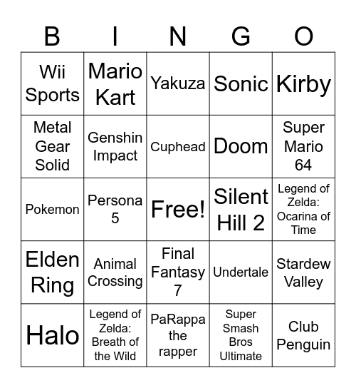 Video Game Music Bingo Card