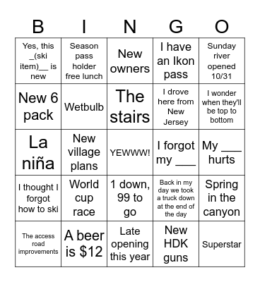 Killington Opening day Bingo Card