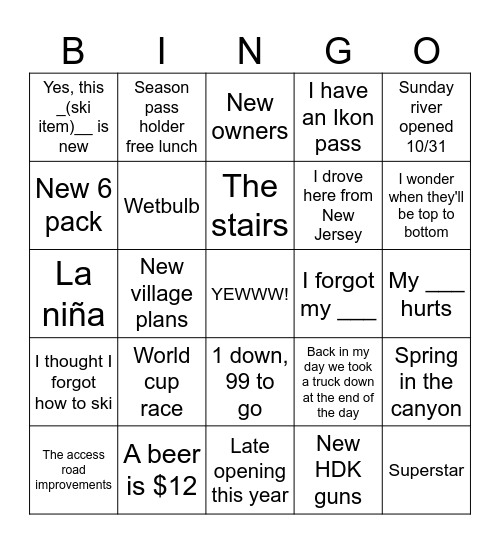 Killington Opening day Bingo Card