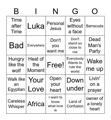 80s Music Bingo Card