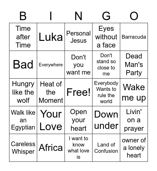 80s Music Bingo Card